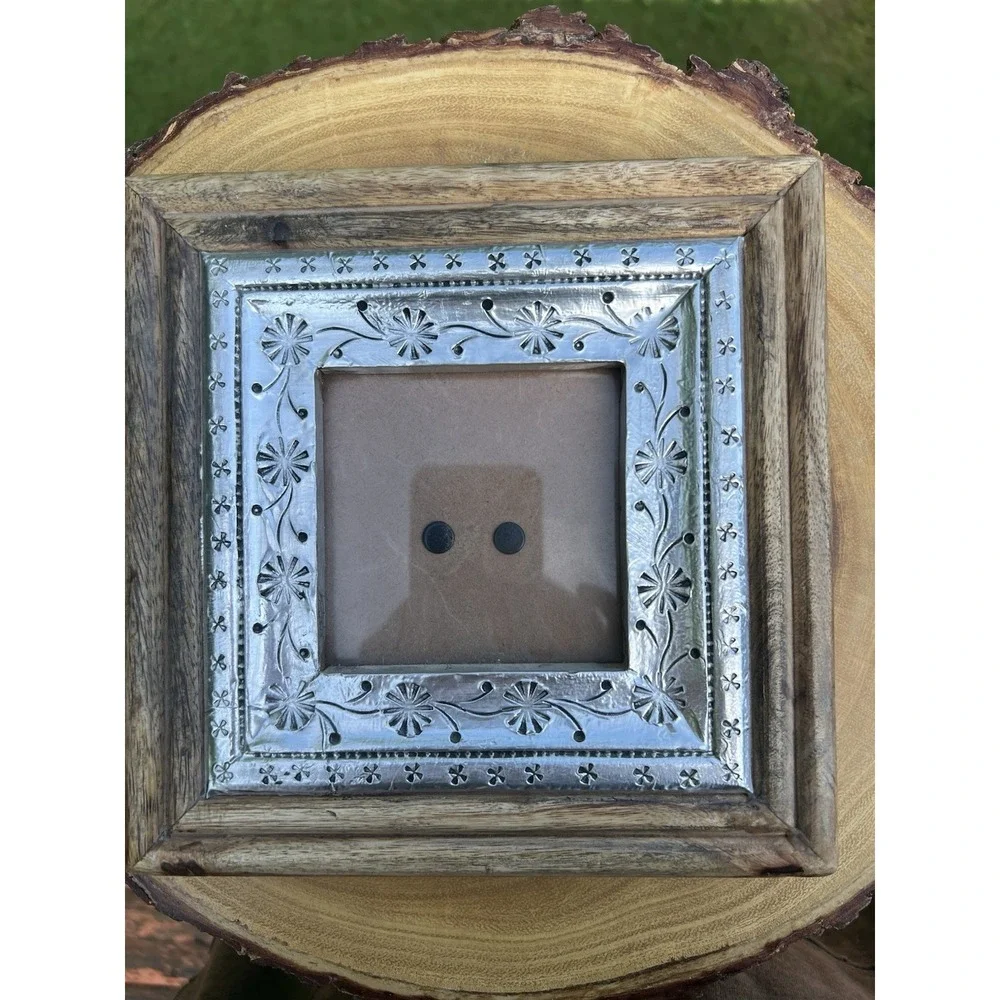 Leo Arts India 8x8 Mango Wood 4x4 Picture Frame Silver Embossed Rustic Boho